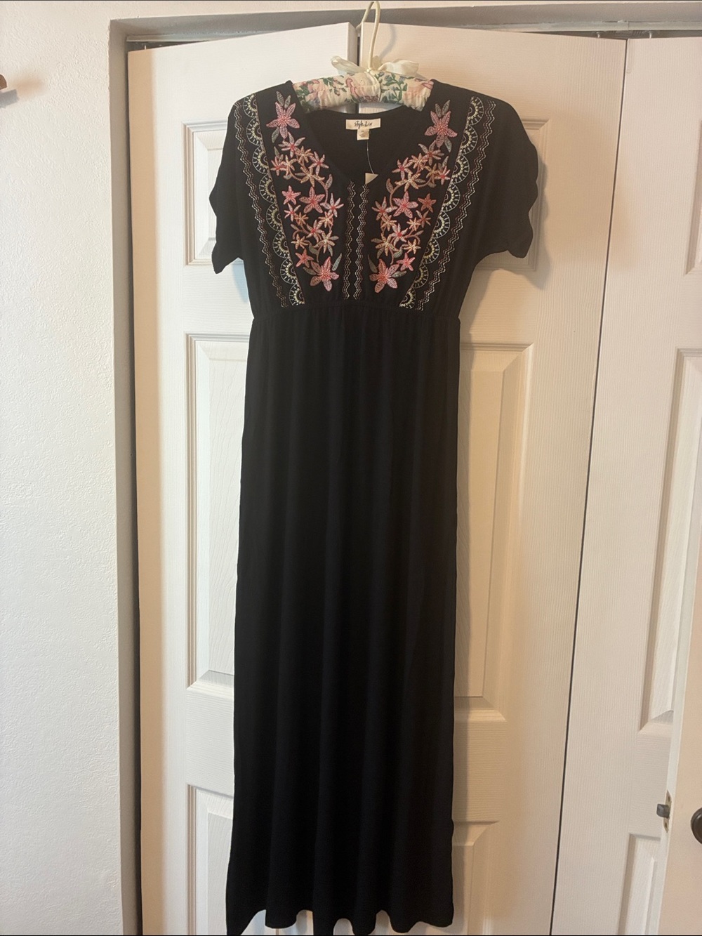 Style & Co Embroidered Maxi Dress with Pink Floral Detail